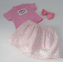 Load image into Gallery viewer, Heart Vine Skirt Combo w Hand Embroidery 18 inch Doll 3 Pc: Pink and White
