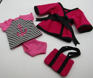 18" Doll 4 Pc Swim Set: Hot Pink & Black w Terry Robe