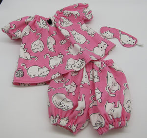 18" Doll Pajamas 3 Pc: Kitty Pink & White