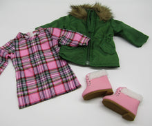 Load image into Gallery viewer, Hooded Coat, Plaid Dress &amp; Boots 18 inch Doll
