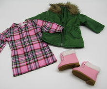 Load image into Gallery viewer, 18&quot; Doll Pink &amp; Green 3 Piece Dress, Coat &amp; Boots Set
