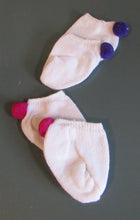 Load image into Gallery viewer, White Ankle Socks with Pom Pom 18 &amp; 15 inch Doll: Hot Pink and Purple 2 Pack
