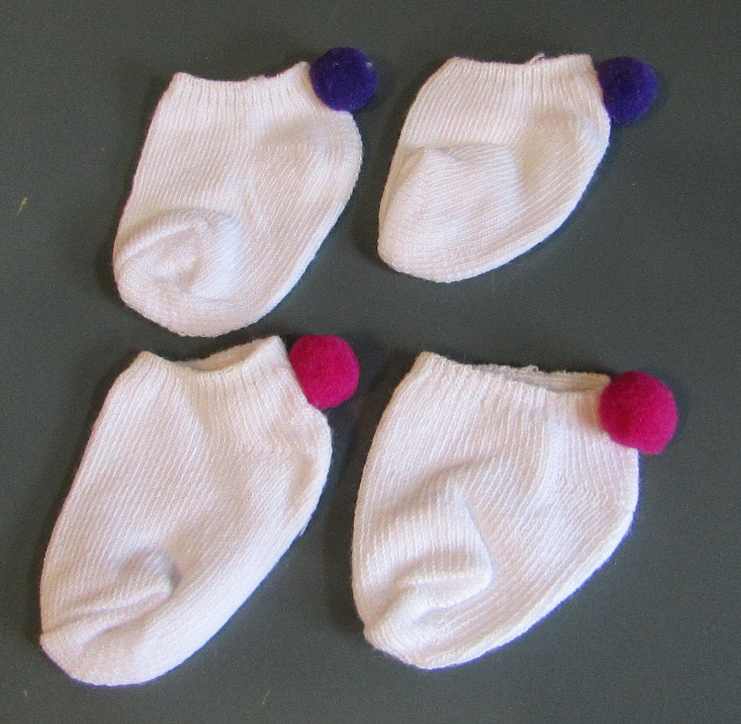 White Ankle Socks with Pom Pom 18 & 15 inch Doll: Hot Pink and Purple 2 Pack