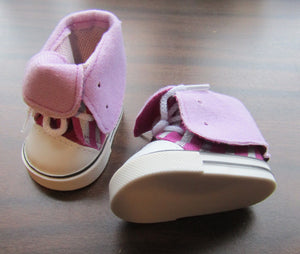 18" Doll High Top Tennis Shoes: Purple & Silver Stripes