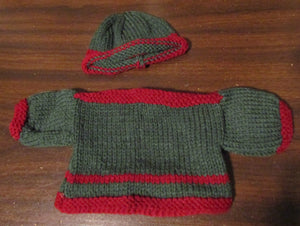 18" Doll Hand Knitted Sweater & Hat: Forest Green & Burgundy