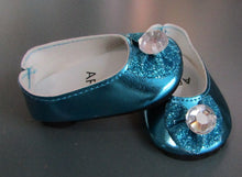 Load image into Gallery viewer, Glitter Bow 18 &amp; 15 inch Doll Dress Shoes w Gem: Bright Blue
