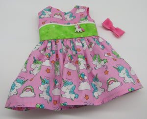 18" Doll Unicorn Dress: Pink w Bright Green Inset