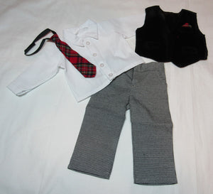 18" Doll Dress Shirt, Slacks, Vest & Tie: Black, White & Red