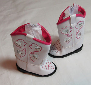 18" Doll Western Boots w Hearts: White & Hot Pink