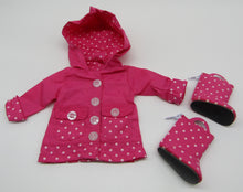 Load image into Gallery viewer, Rain Coat &amp; Boots 14" Wellie Wisher Doll: Hot Pink Dotted

