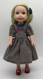 14" Wellie Wisher Doll Pinafore Dress: Checked w Heart Buttons