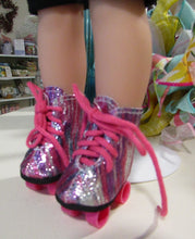 Load image into Gallery viewer, 14&quot; Wellie Wisher Doll Roller Skates: Sparkly Purple &amp; Hot Pink
