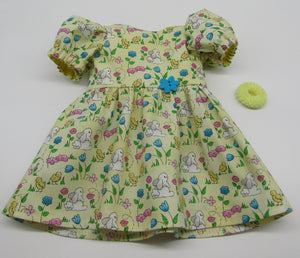 18" Doll Spring Dress w Bunnies, Chicks & Flowers: Yellow