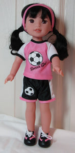 14" Wellie Wisher Doll Soccer 5 Pc Uniform: Pink