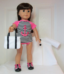 18" Doll 4 Pc Swim Set: Hot Pink & Black w Fleece Robe