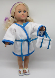 18" Doll 3 Pc Swim Set: Teal & White Dotted w White Fleece Robe