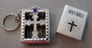 Miniature Bible Keychain w Blue Jewel