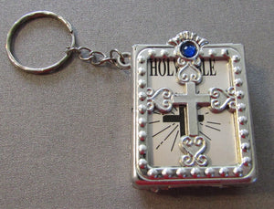 Miniature Bible Keychain w Blue Jewel