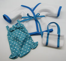 Load image into Gallery viewer, 18&quot; Doll 3 Pc Swim Set: Teal &amp; White Dotted w White Fleece Robe
