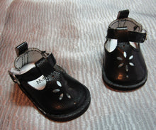 Load image into Gallery viewer, Black Wellie Wisher (14&quot; doll) Buckle Shoes with Sunburst Cutout
