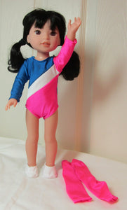 14" Wellie Wisher Doll Gymnastics 3 Pc Outfit: Pink & Blue
